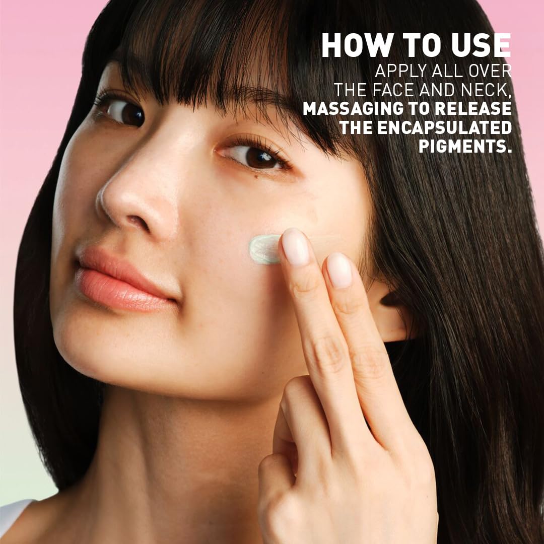 Woman applying cream to her face with text on how to use it.