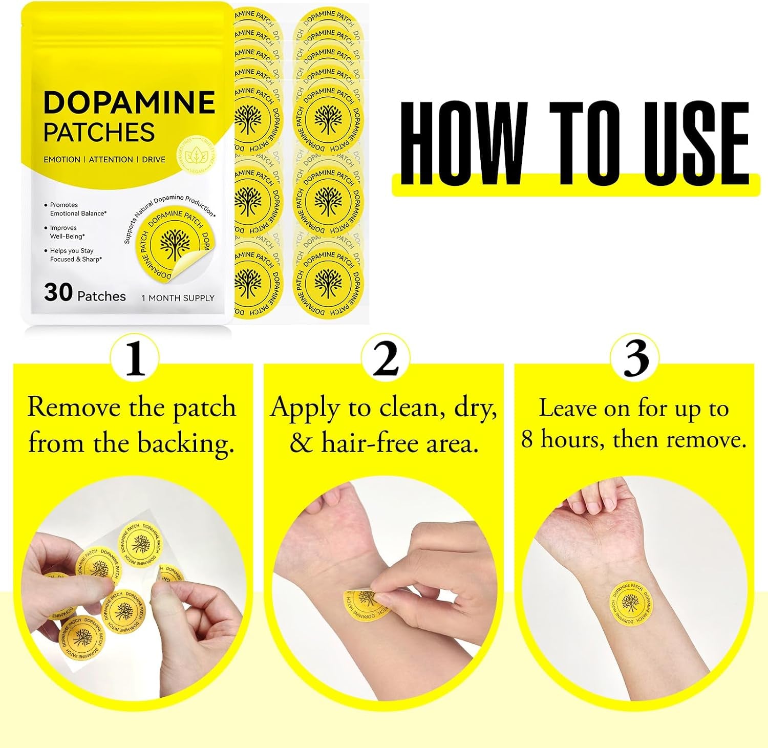 Dopamine Patches Extra Strength for Men & Women - Daily Mood Support & Mental Wellness, Boosts Positivity & Motivation, Dopamine Mood Patches Supports Dopamine Serotonin Balance