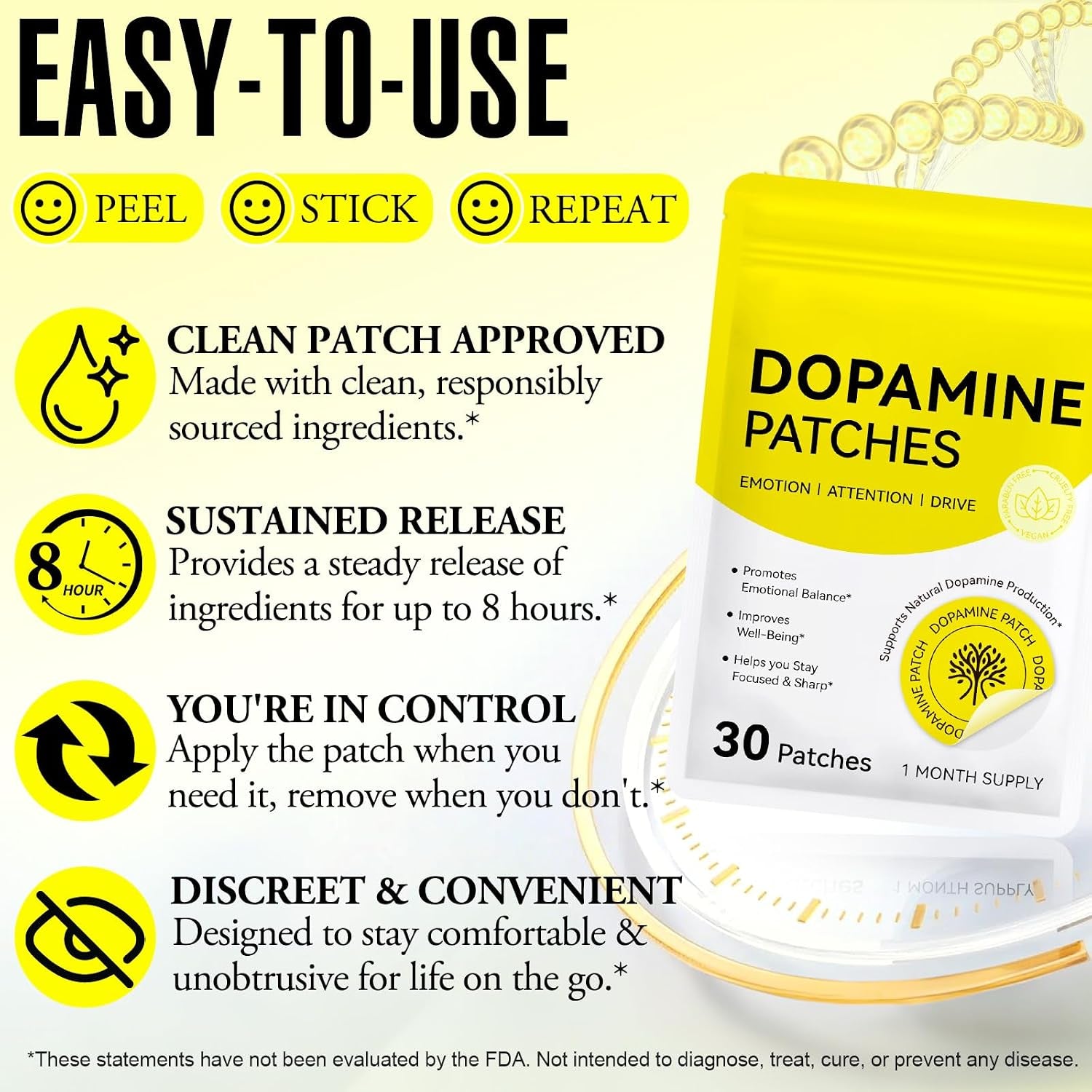 Dopamine Patches Extra Strength for Men & Women - Daily Mood Support & Mental Wellness, Boosts Positivity & Motivation, Dopamine Mood Patches Supports Dopamine Serotonin Balance